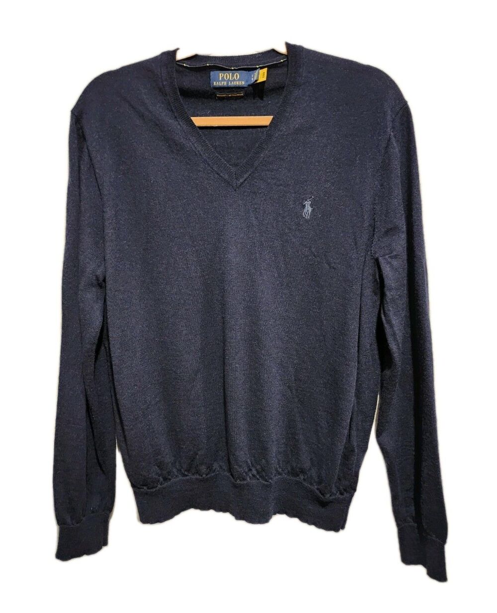 Polo Ralph Lauren Embroidered Logo VNeck Washable Merino Wool Sweater Navy Large